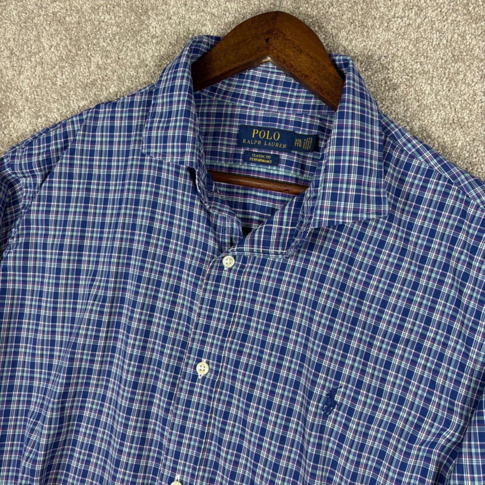 Polo Ralph Lauren Mens XXL Classic Fit Performance Plaid Button Down Shirt Blue